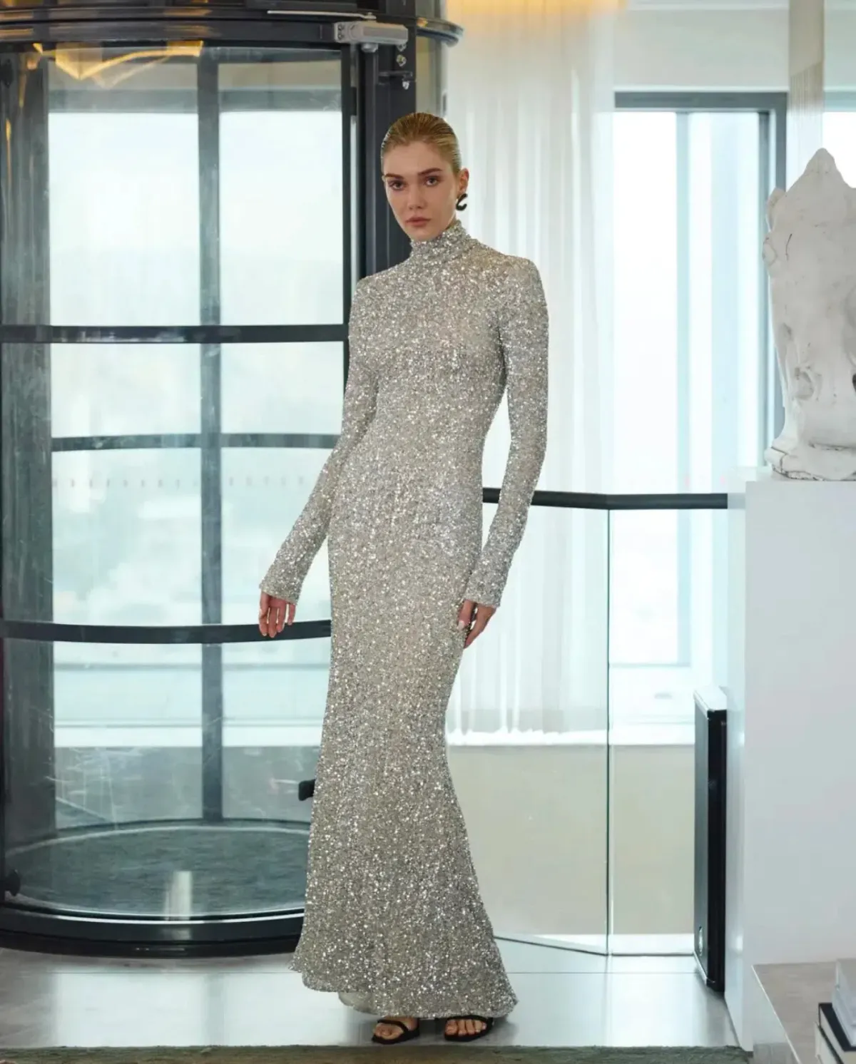 CARLA ZAMPATTI IVORY CRUSHED SEQUIN SLEEVED GOWN - Image 3