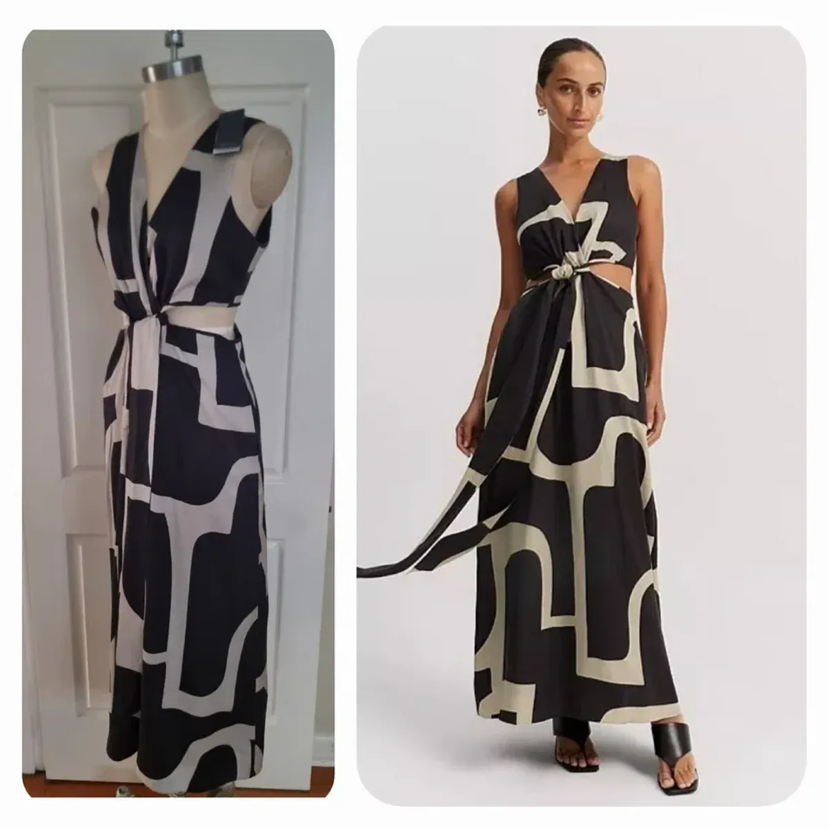 COUNTRY ROAD Print Column Maxi Dress in Stone Geo Print Size 12 - - Black & Stone Golden Brown - Image 1