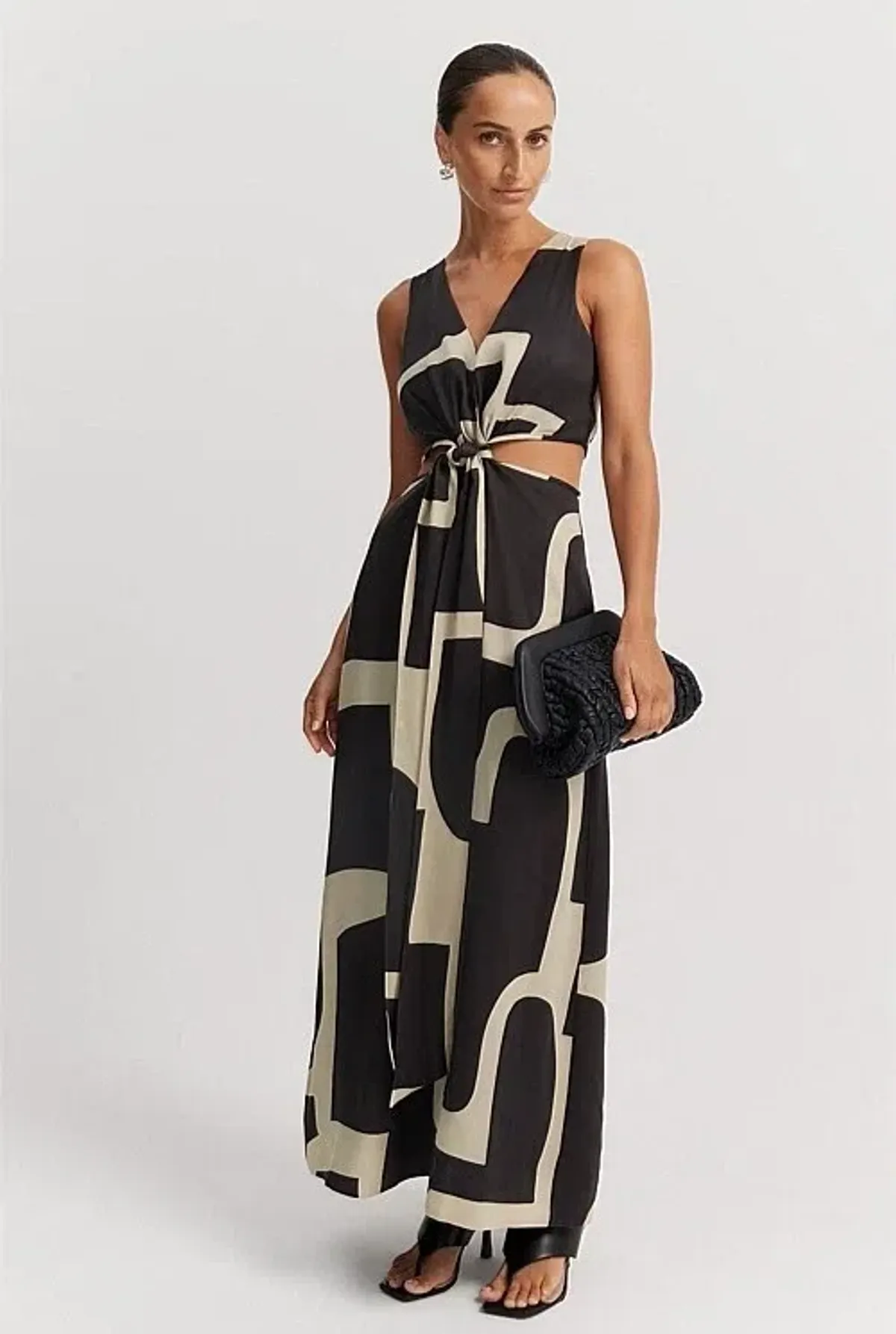 COUNTRY ROAD Print Column Maxi Dress in Stone Geo Print Size 12 - - Black & Stone Golden Brown - Image 3