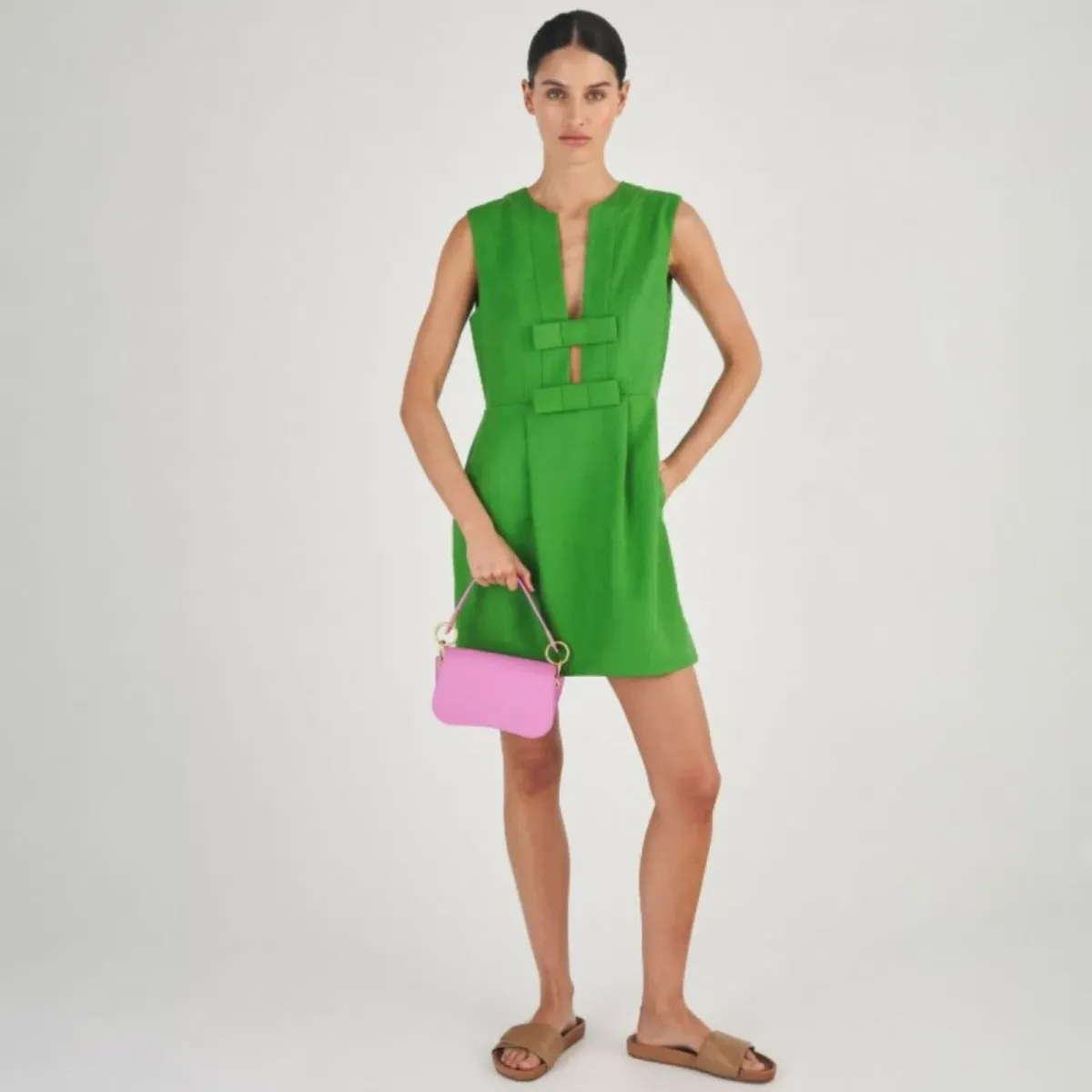 Oroton Bow Mini Dress in Green Size 14 - Image 2