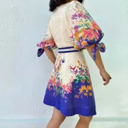 Zimmermann Tropicana Tie Sleeve Mini Dress Blue Floral Print Size 0 / 8 AU for rent on The Volte - image 3