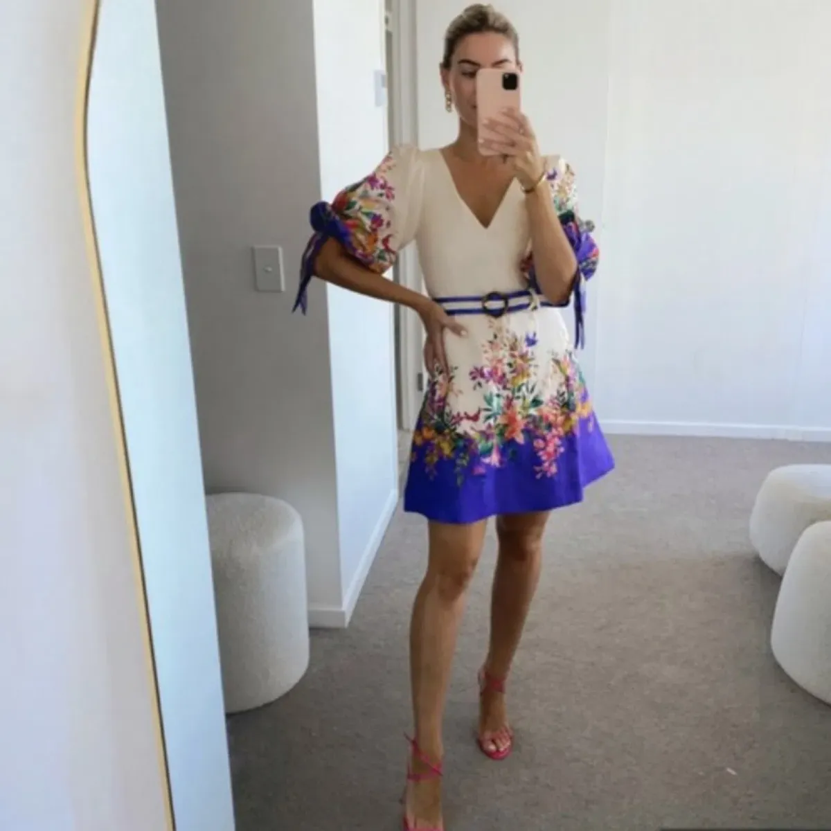 Zimmermann Tropicana Tie Sleeve Mini Dress Blue Floral Print Size 0 / 8 AU - Image 1