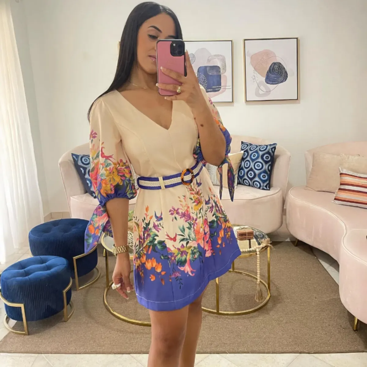 Zimmermann Tropicana Tie Sleeve Mini Dress Blue Floral Print Size 0 / 8 AU - Image 2