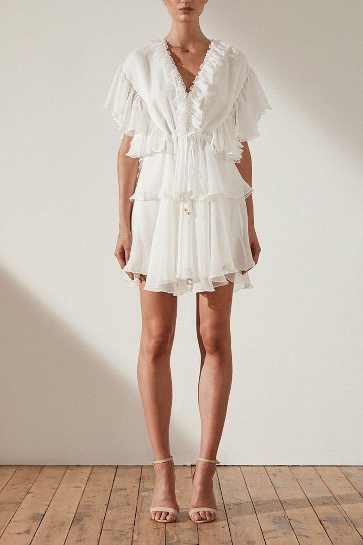 Shona Joy Ambra Ruffle Drawstring Mini Dress White Size 6 - Image 1