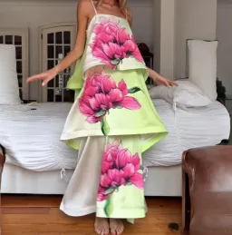 Elliatt Elisia Tiered Gown in Green & Pink Floral Small for rent on The Volte - image 2