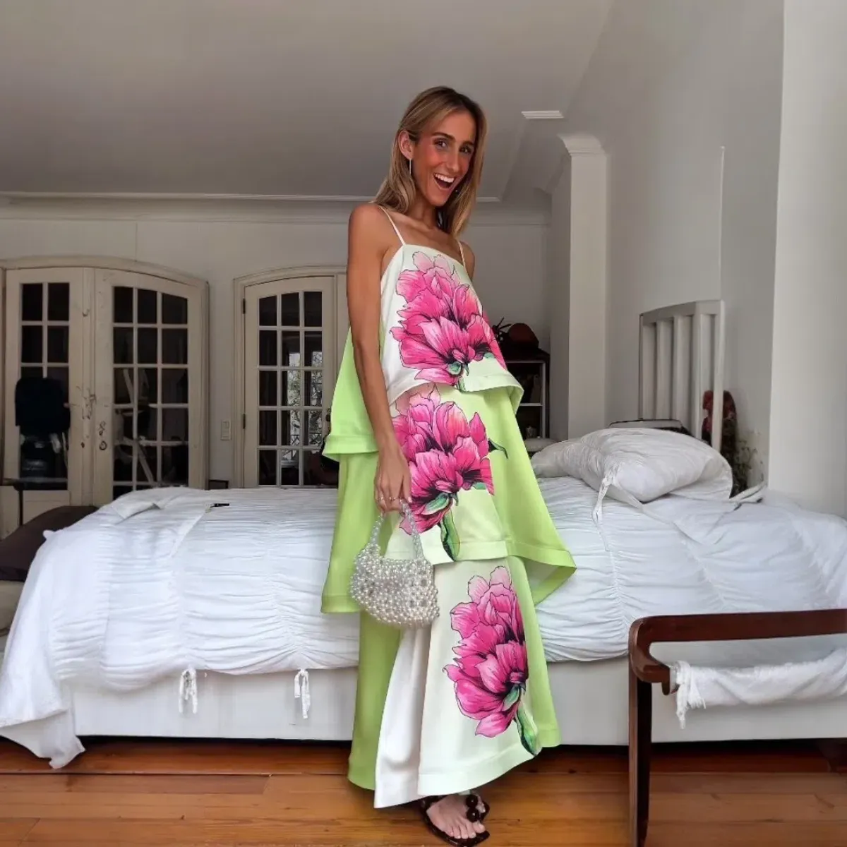 Elliatt Elisia Tiered Gown in Green & Pink Floral Large  - Image 3