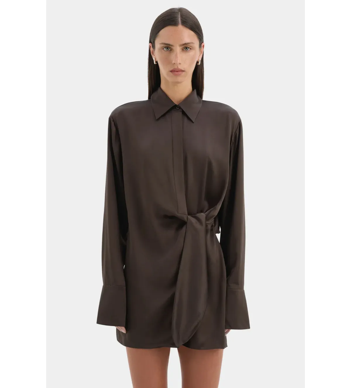 Sir the Label Sorrento Mini Shirt Dress in Bitter Chocolate Size 2 / AU 10 - Image 3
