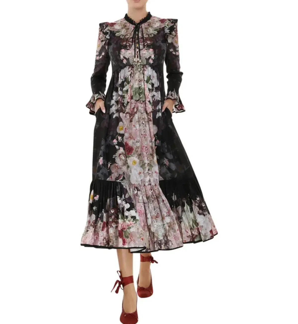 ZIMMERMANN DANCER TIE NECK MIDI DRESS BLACK GARDEN FLORAL SIZE 0 - Image 1