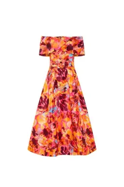 🌹Rebecca Vallance Gardenia Midi Dress – Size 8 AU - Orange Red Floral Off Shoulder Outfit🌹 for rent on The Volte - image 4