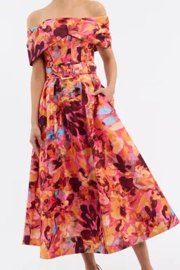 🌹Rebecca Vallance Gardenia Midi Dress – Size 8 AU - Orange Red Floral Off Shoulder Outfit🌹 for rent on The Volte - image 1