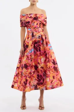 🌹Rebecca Vallance Gardenia Midi Dress – Size 8 AU - Orange Red Floral Off Shoulder Outfit🌹 for rent on The Volte - image 6