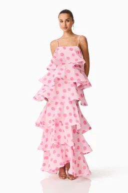 Elliatt Sola Tiered Maxi Dress size 8 Pink Polkadot for rent on The Volte - image 1