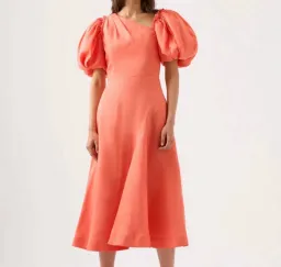 Aje Maia Linen Dress Off the Shoulder Midi Coral Orange for rent on The Volte - image 1