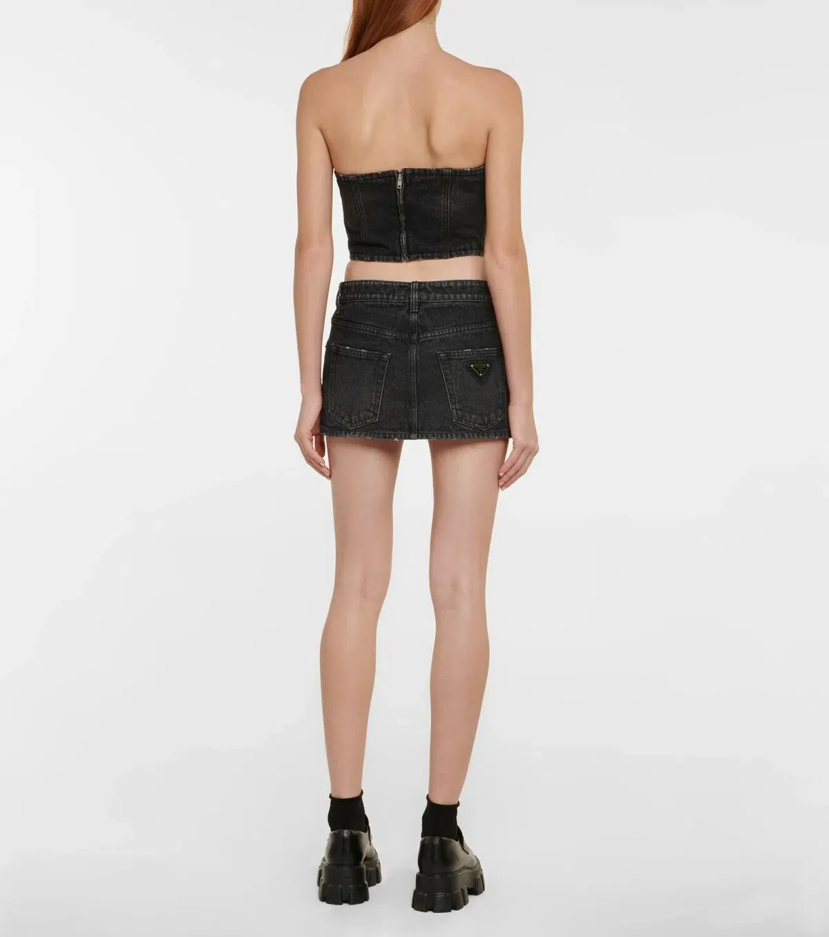 PRADA Black Logo Zipper Denim Bustier Top - Image 4