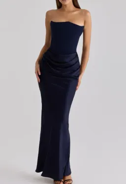 House of CB Persephone navy satin + crepe strapless corset maxi dress Regular Cup Size XS for rent on The Volte - image 1