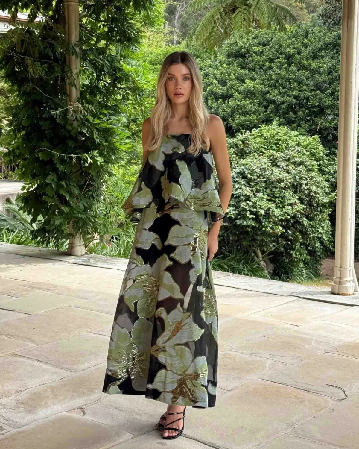 Elliatt Elysia Tiered Gown Black Green Floral Size XL - Image 1