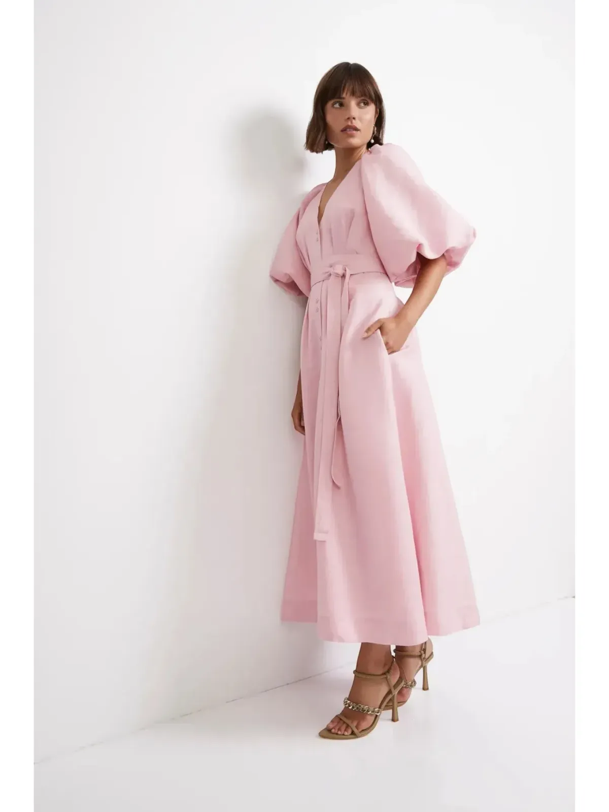 Aje Evermore Midi Dress Size AU 14 Rose Pink Puff Sleeve Gown - Image 4