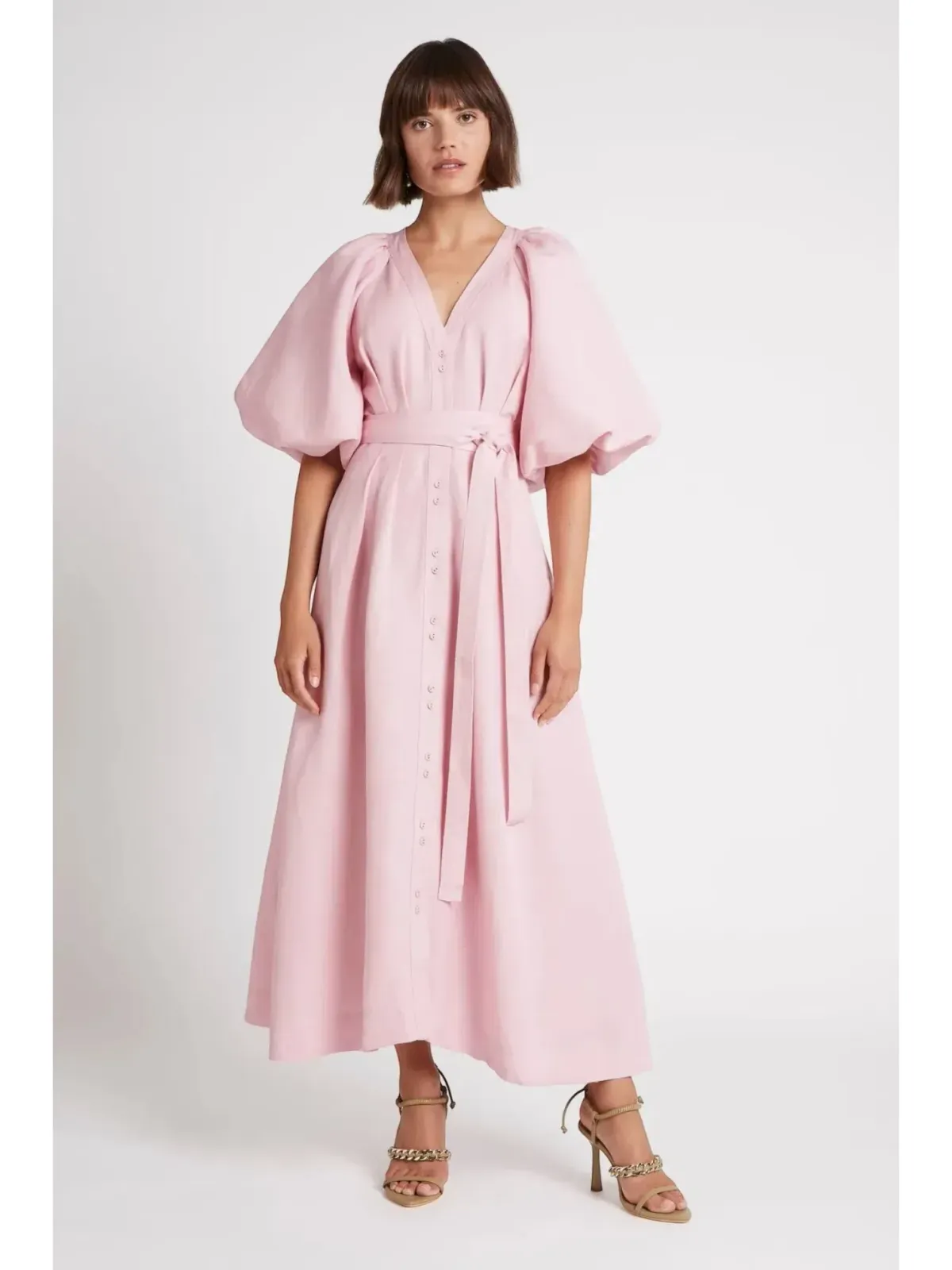 Aje Evermore Midi Dress Size AU 14 Rose Pink Puff Sleeve Gown - Image 1