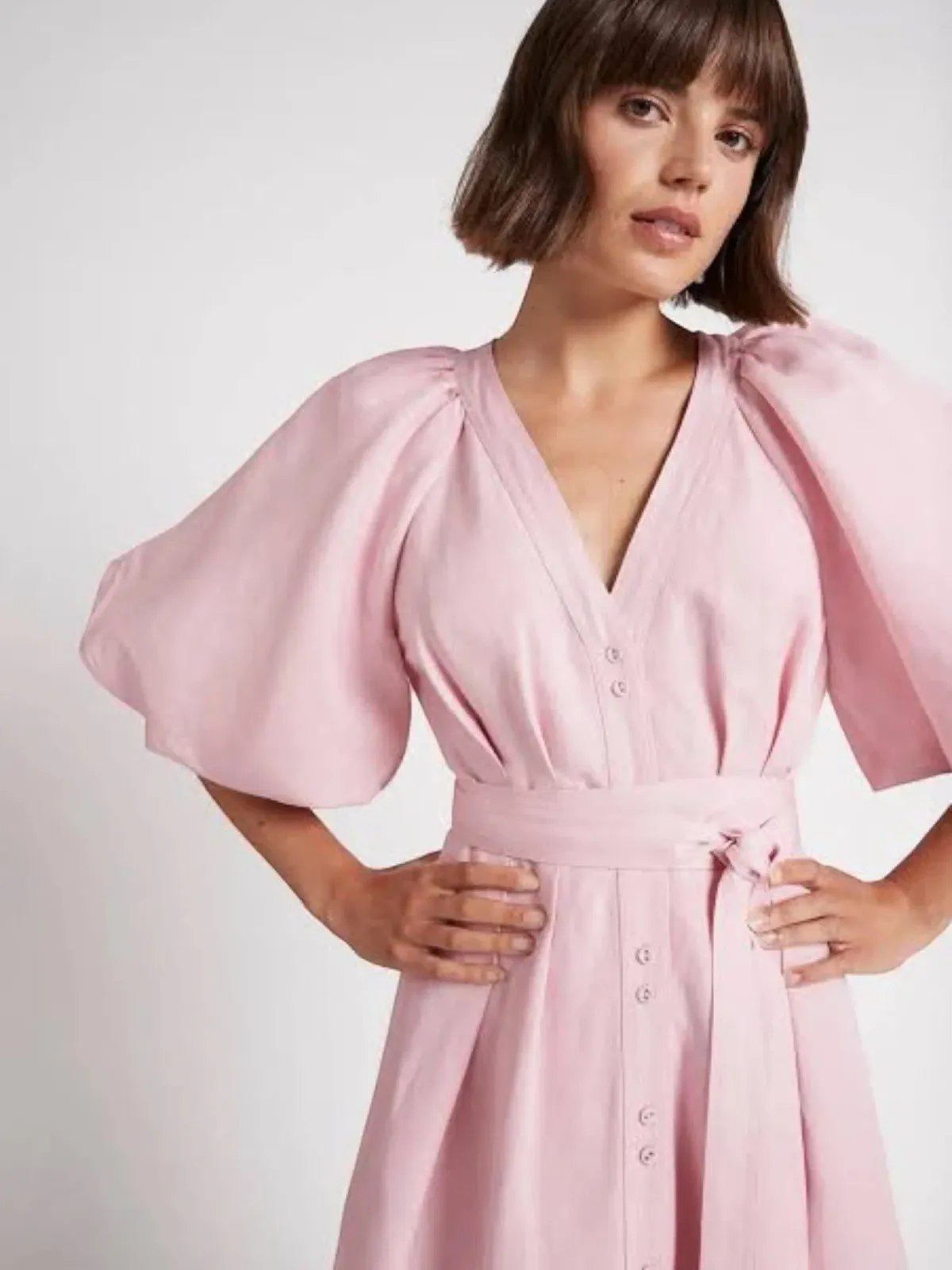 Aje Evermore Midi Dress Size AU 14 Rose Pink Puff Sleeve Gown - Image 3