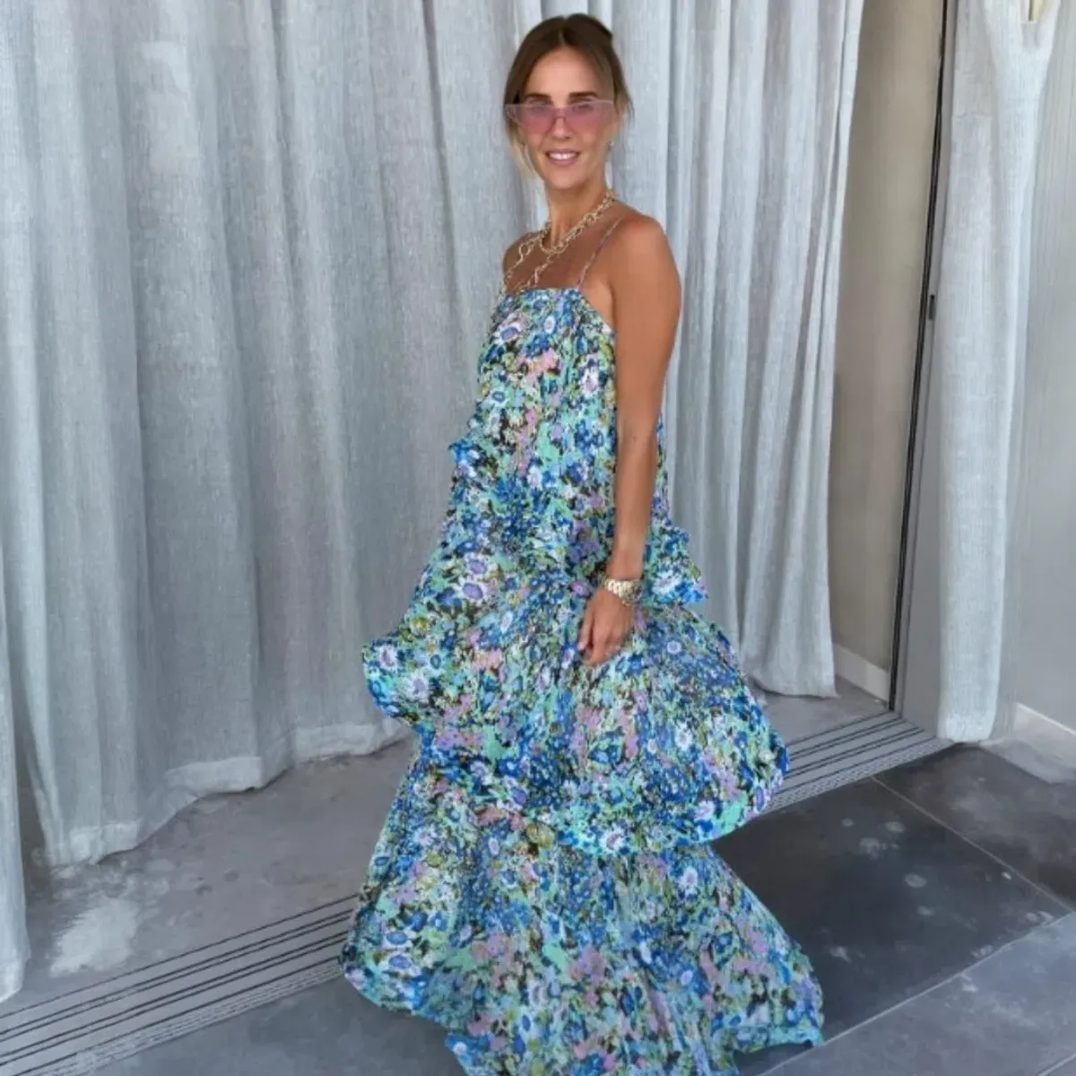 Elliatt Armani Tiered Maxi Dress In Blue Floral Size Medium - Image 1