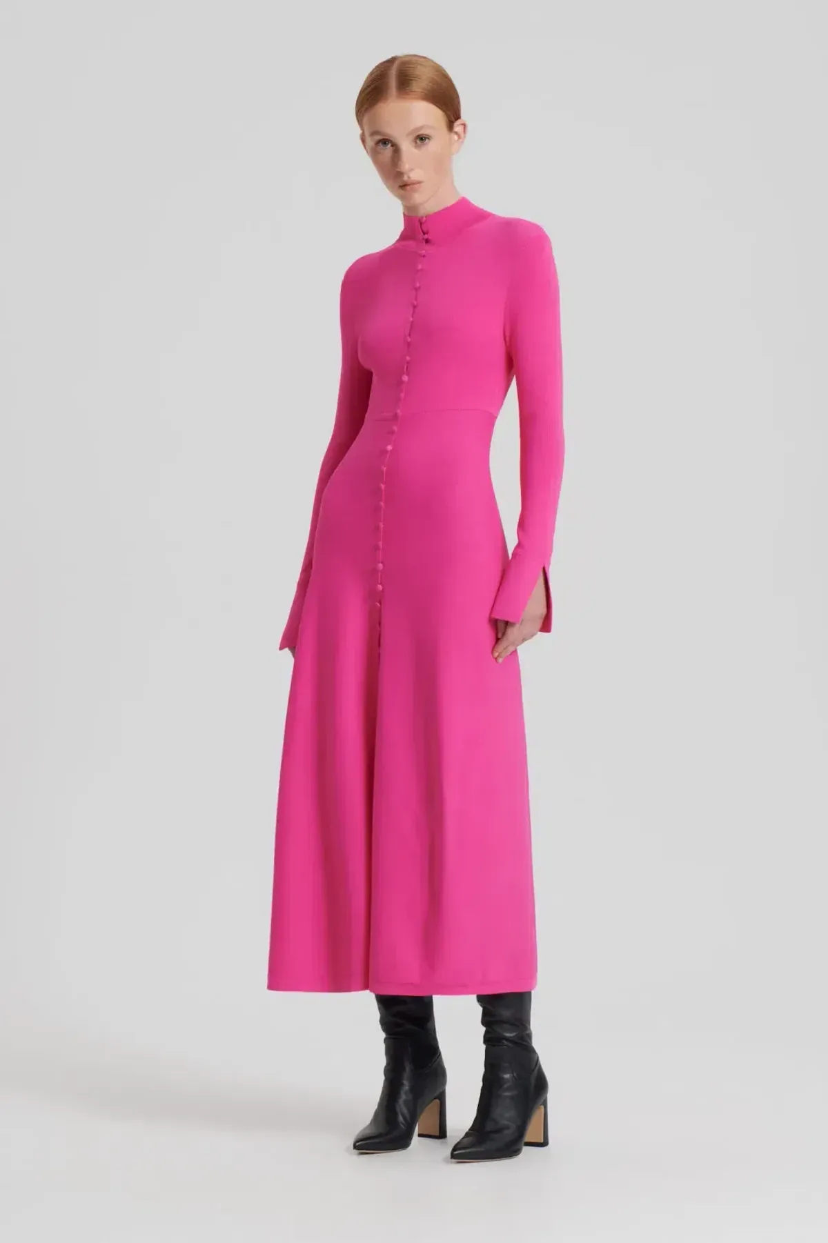SCANLAN THEODORE CREPE KNIT BUTTON POLO DRESS FUCHSIA SIZE XS - Image 1