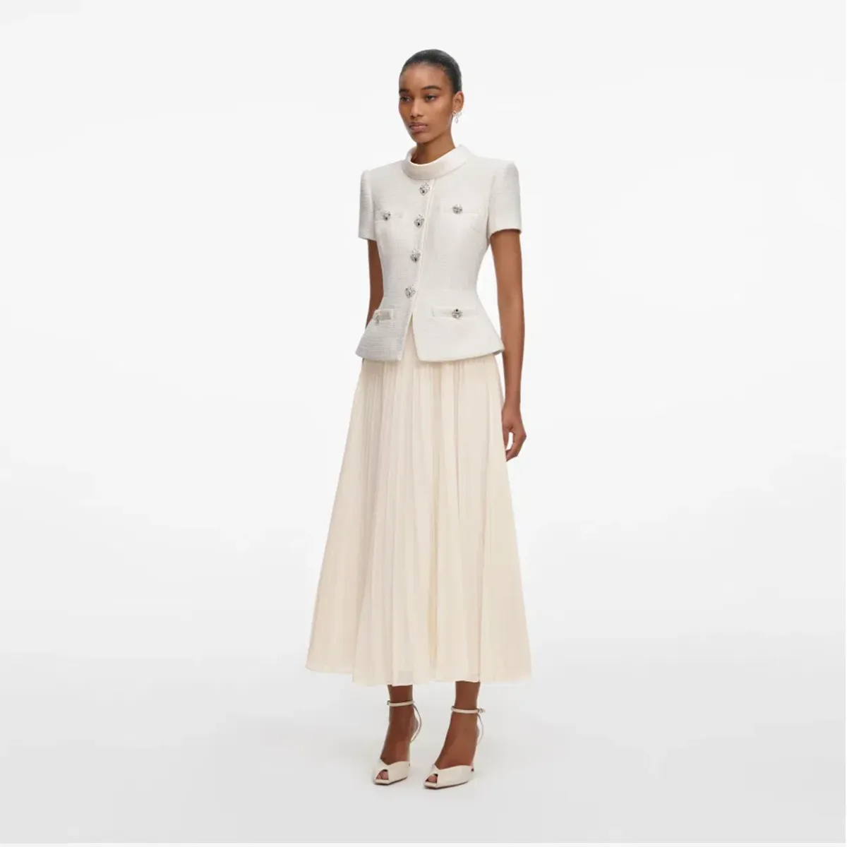 Self Portrait Cream Boucle Collared Midi Dress Size 18 - Image 2