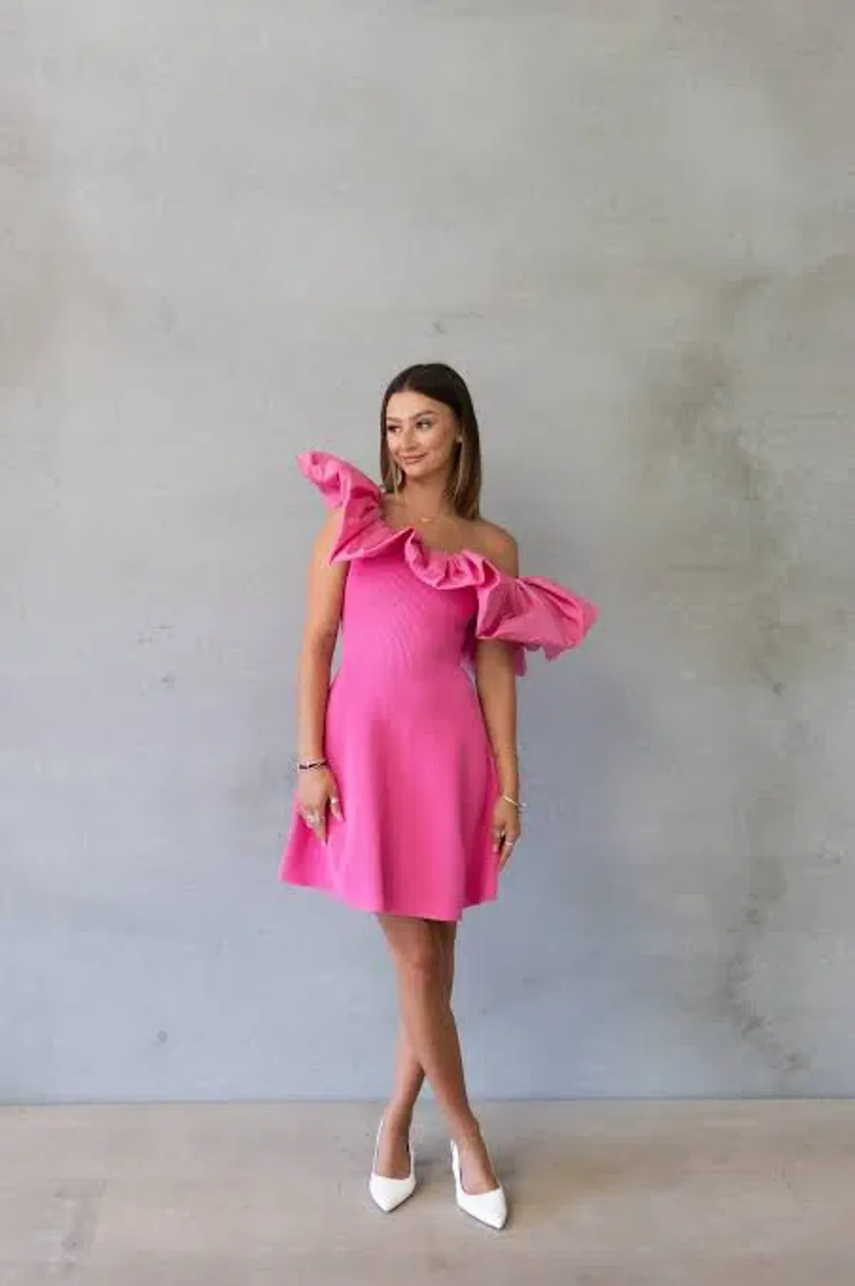 AJE Eldora Ruffle Puff Off the Shoulder Mini Dress In Pink | Size M / Medium - Image 1