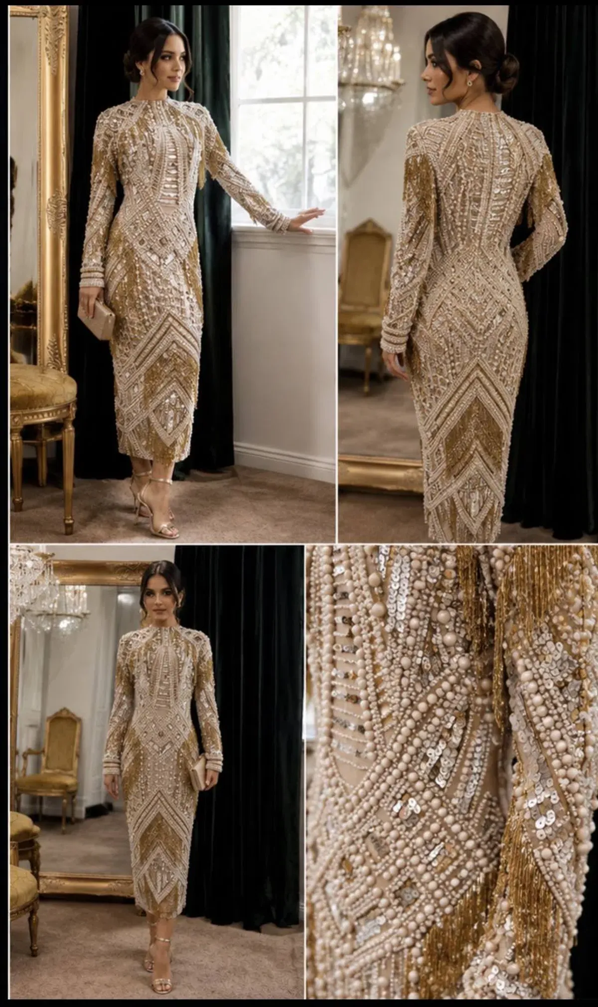 ASOS Limited Edition Pearl & Gold Embellished Fringe Midi Dress - Image 2