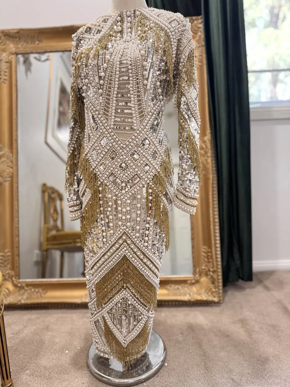 ASOS Limited Edition Pearl & Gold Embellished Fringe Midi Dress - Image 5