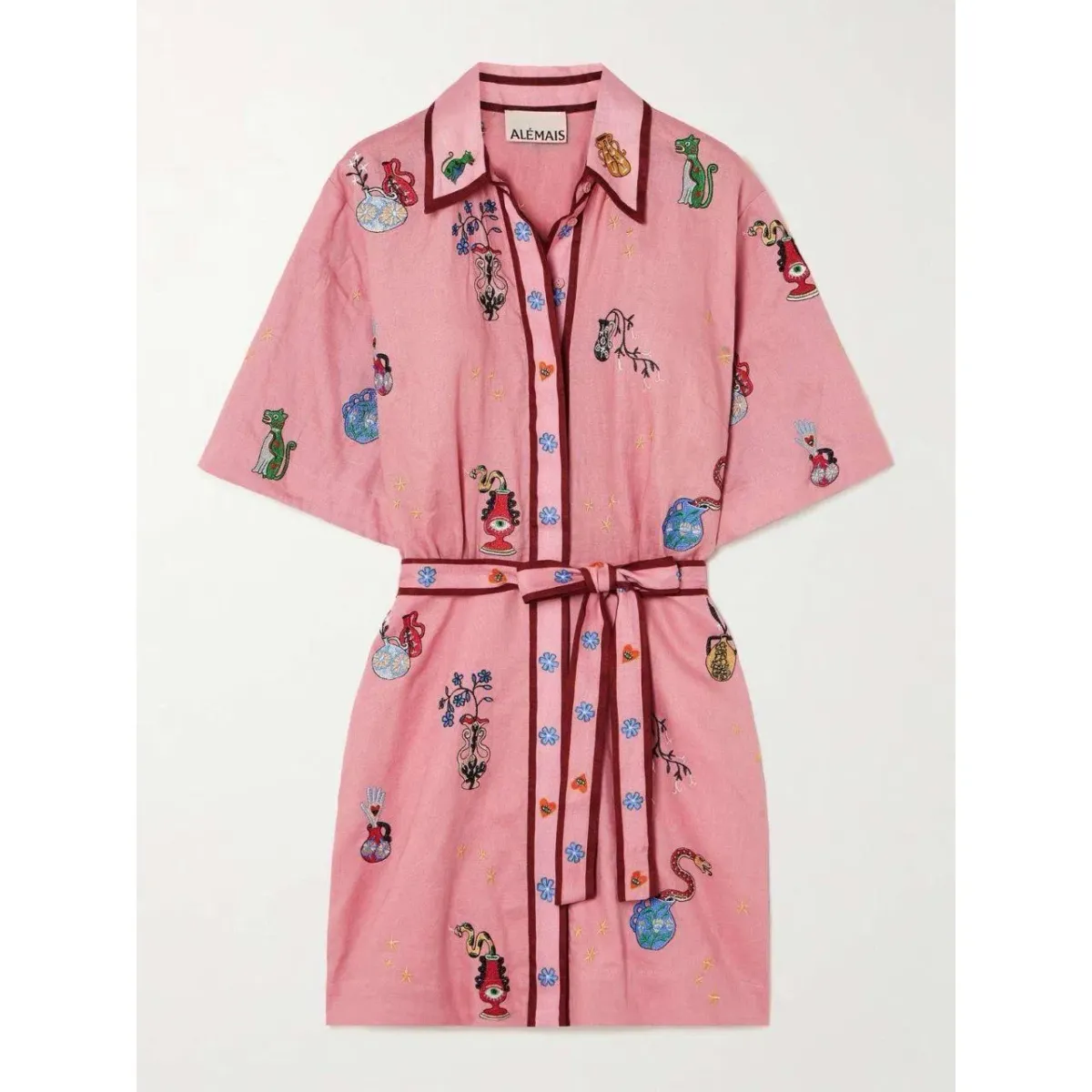 Alemais Timmy Pink Linen Embroidered Mini Shirt Dress Size 16 - Image 2