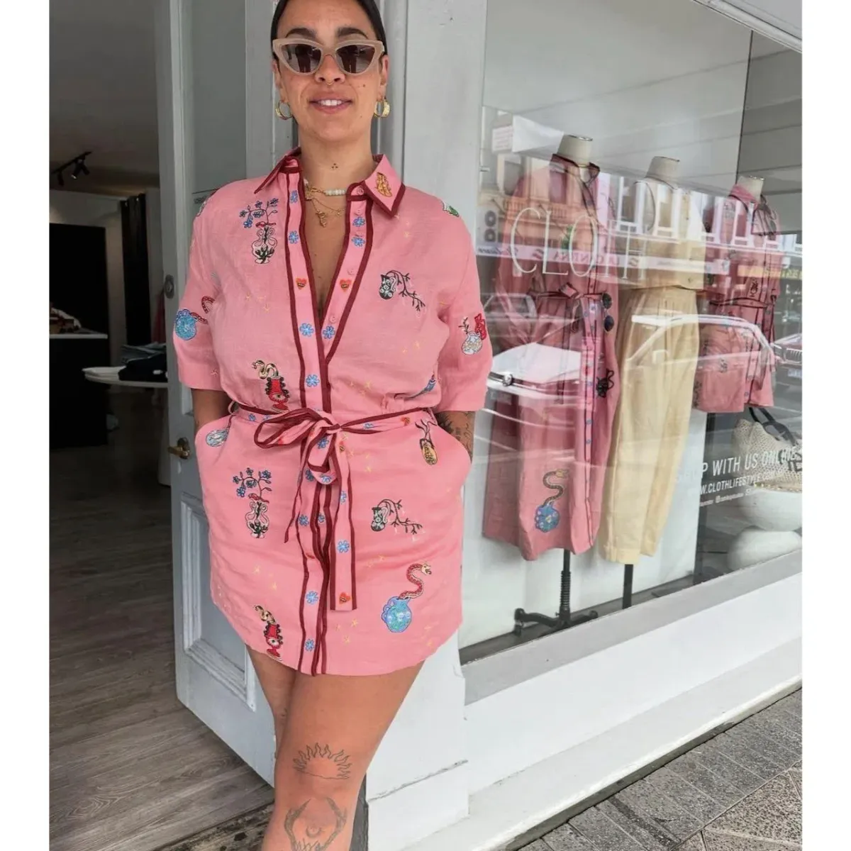 Alemais Timmy Pink Linen Embroidered Mini Shirt Dress Size 16 - Image 1