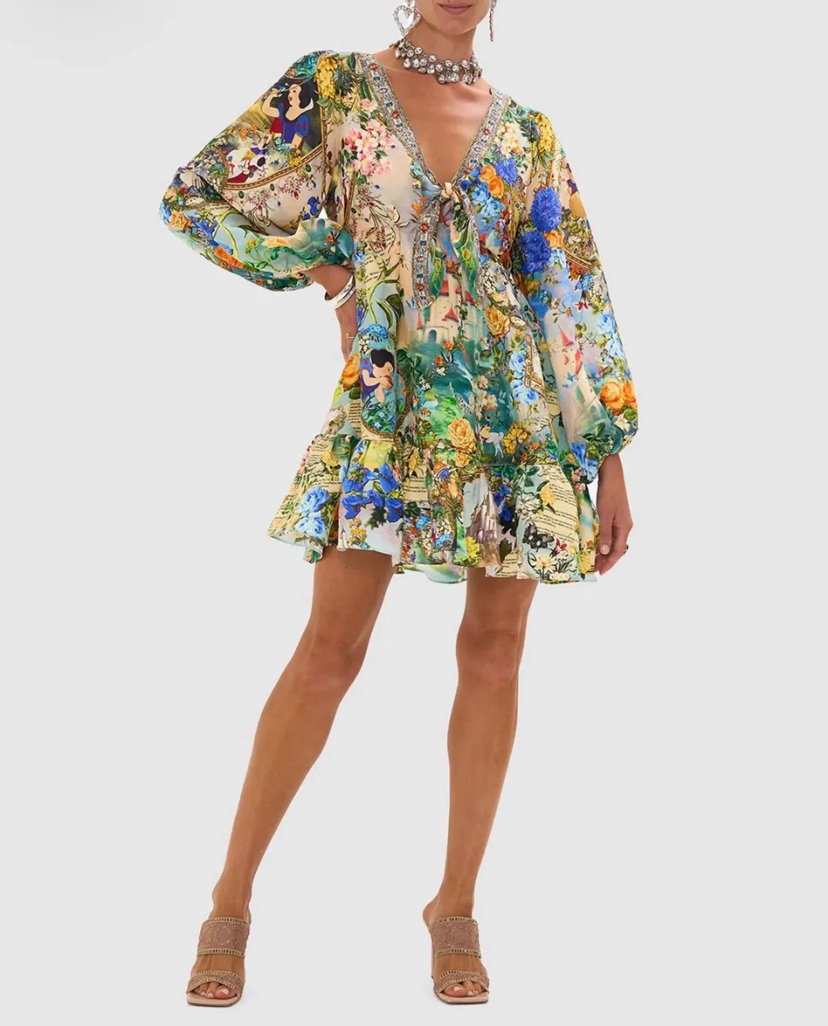 Camilla Short Tie Front Blouson Mini Dress Floral Size 16 - Image 2