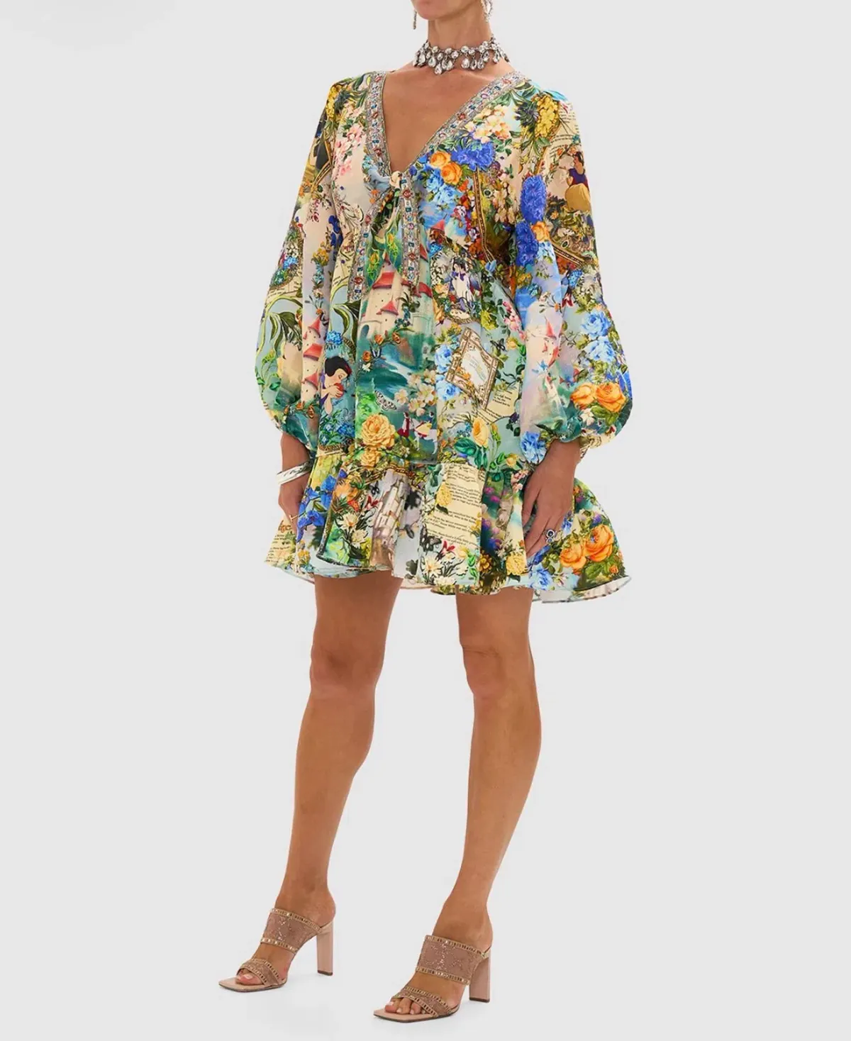Camilla Short Tie Front Blouson Mini Dress Floral Size 16 - Image 3