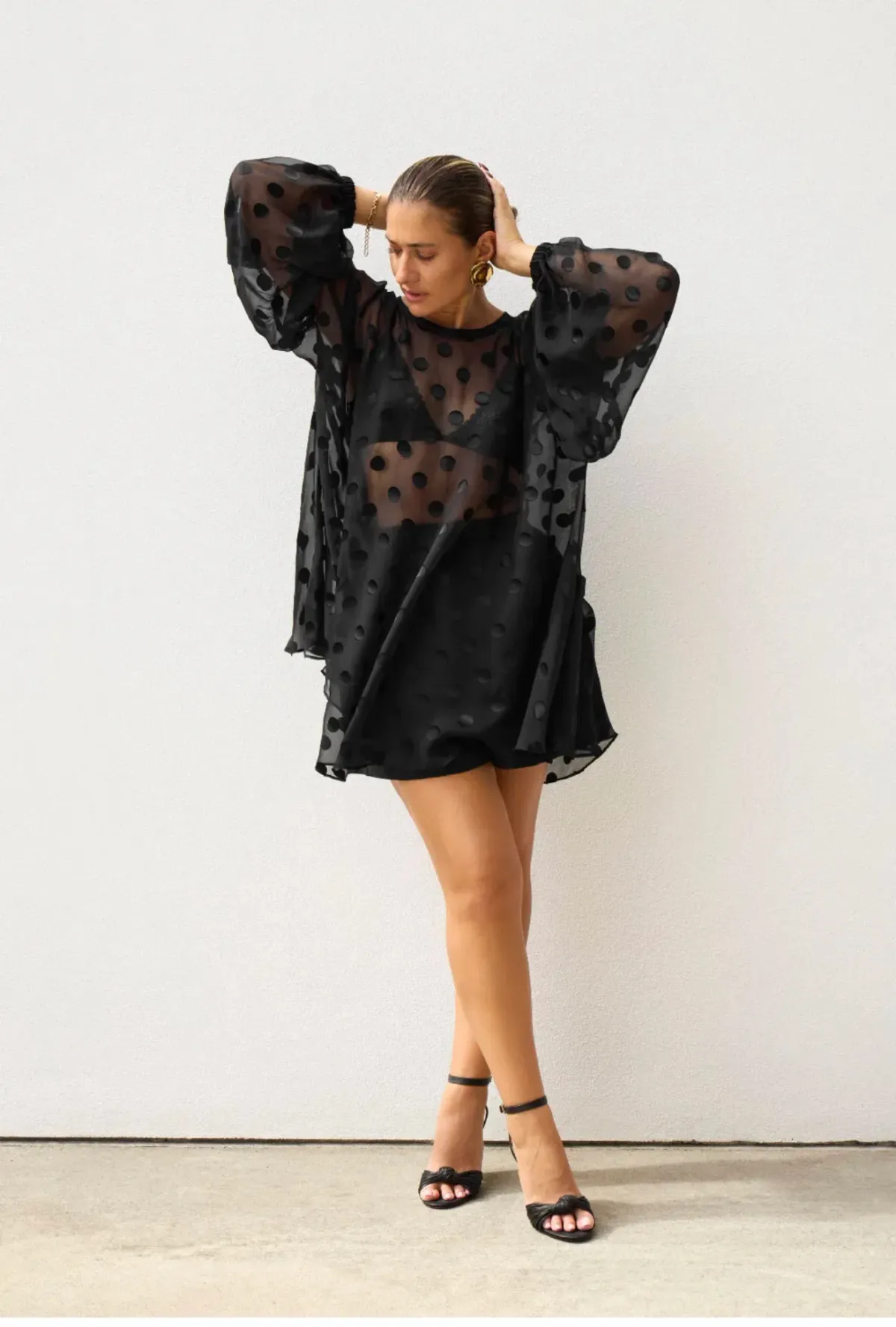 Isabella Longginou Black Sheer Spot Blouse Size L - Image 1