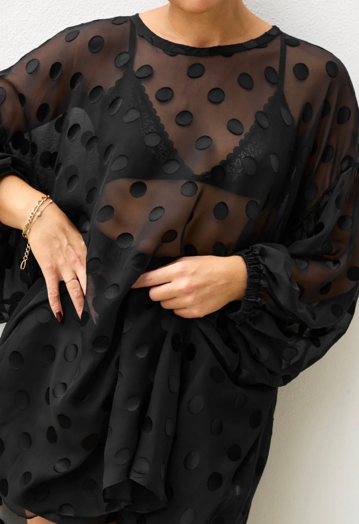 Isabella Longginou Black Sheer Spot Blouse Size L - Image 3