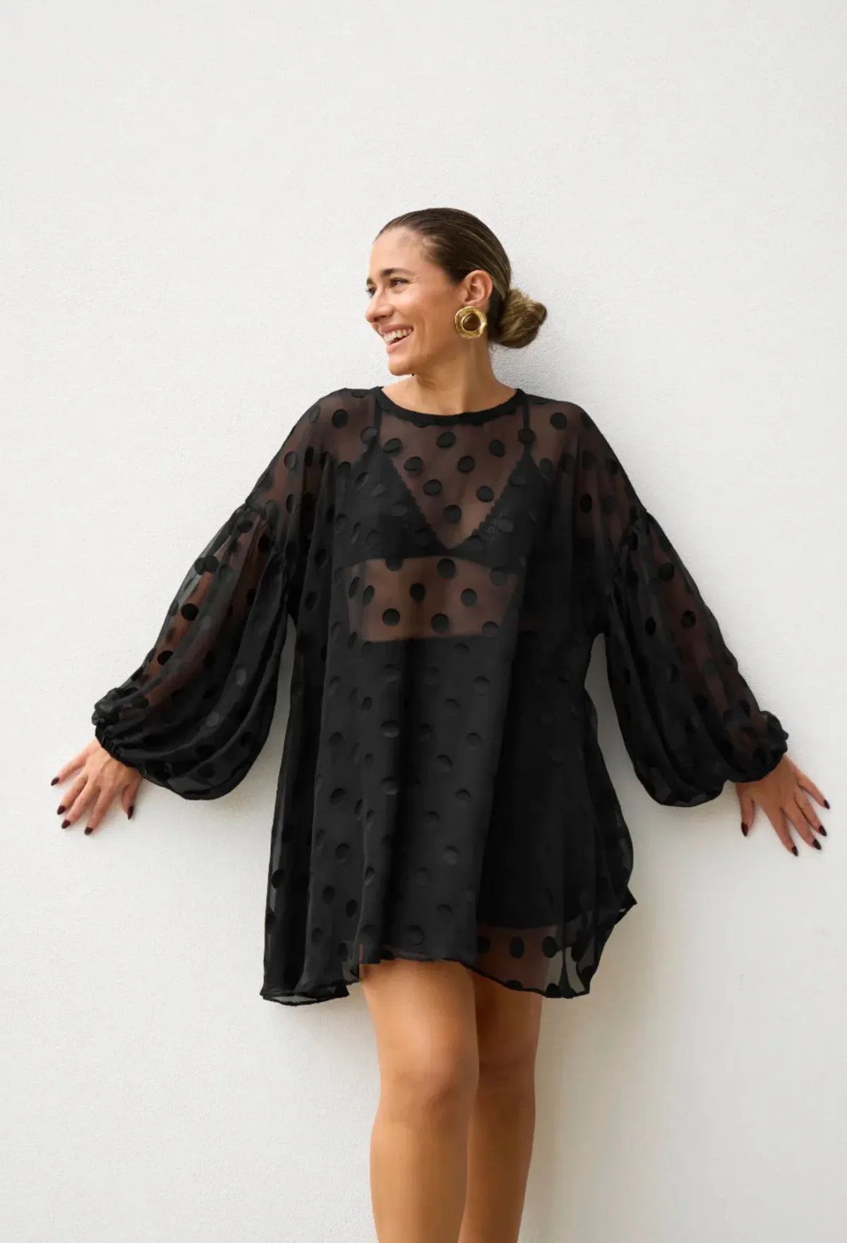 Isabella Longginou Black Sheer Spot Blouse Size L - Image 2