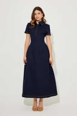 Odd Muse Denim Collared Midi Dress Dark Denim Size L for rent on The Volte - image 1