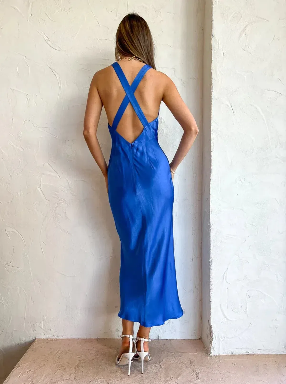 Shona Joy Oliviera Plunged Cross Back Midi Dress Strong Blue Size 6 - Image 2