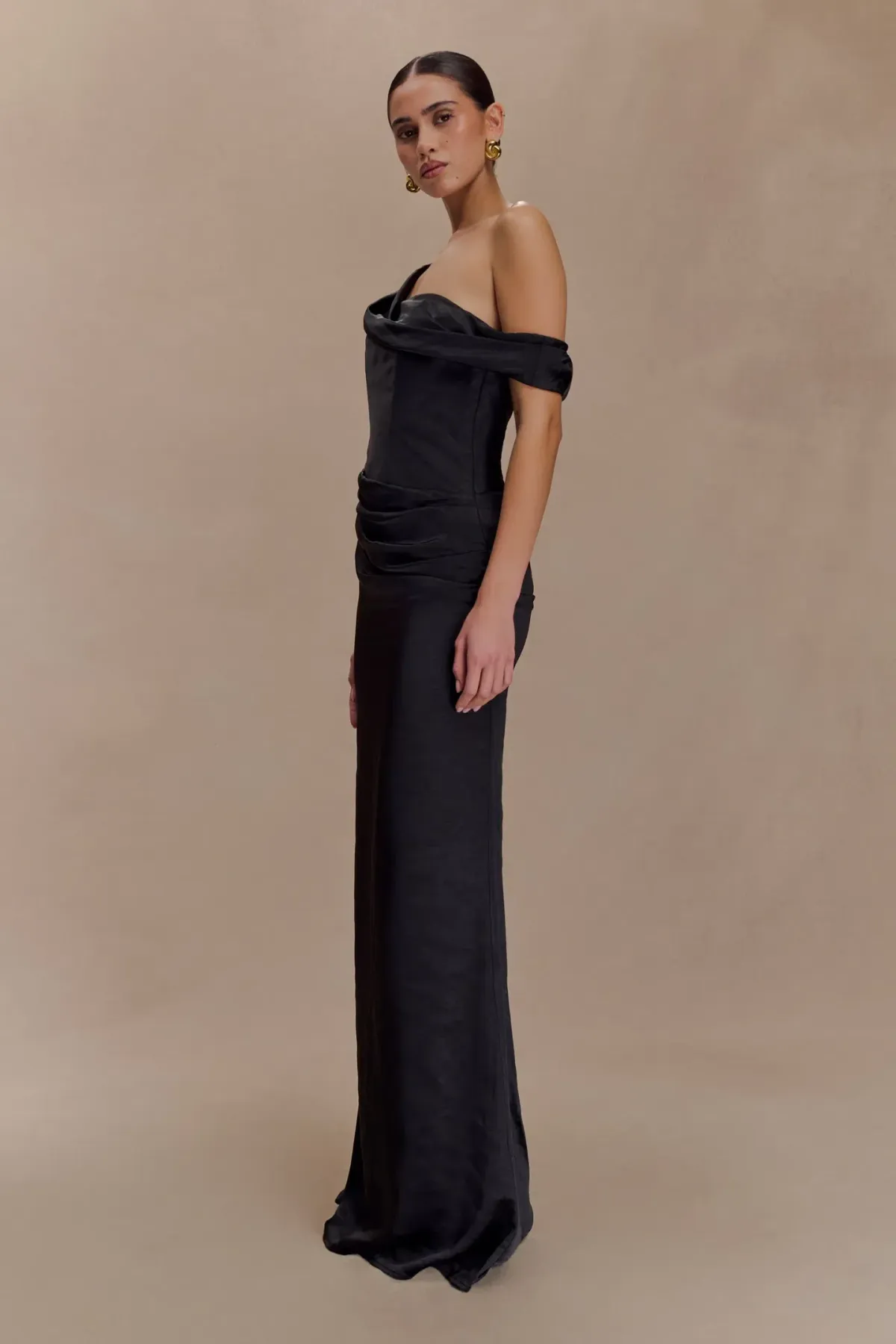 MESHKI Dahlia Off Shoulder Satin Maxi Dress - Black Size L - Image 3