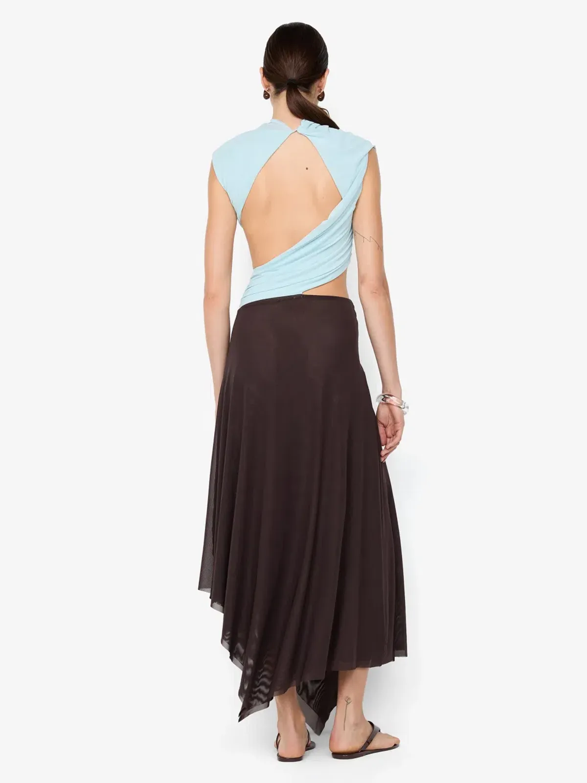 Bec and Bridge Conni Asym Midi Dress Artic Blue and Dark Choc Size 10 - Image 3