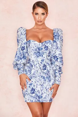 House of CB Lucrezia Puff Sleeve Mini Dress Blue/White Floral Size 6 for rent on The Volte - image 3