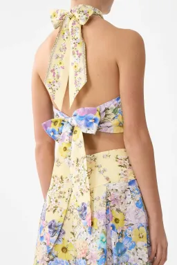 Camilla Darling Buds Halter Tie Back Top Cropped Yellow Floral Size 12 / M/L — Races, Wedding Guest, Cocktail for rent on The Volte - image 4