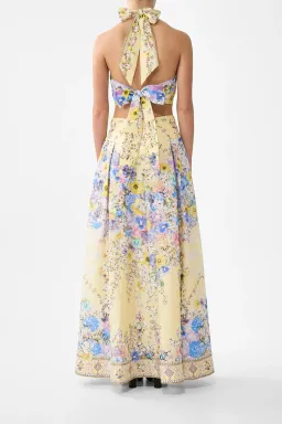 Camilla Darling Buds Halter Tie Back Top Cropped Yellow Floral Size 12 / M/L — Races, Wedding Guest, Cocktail for rent on The Volte - image 3