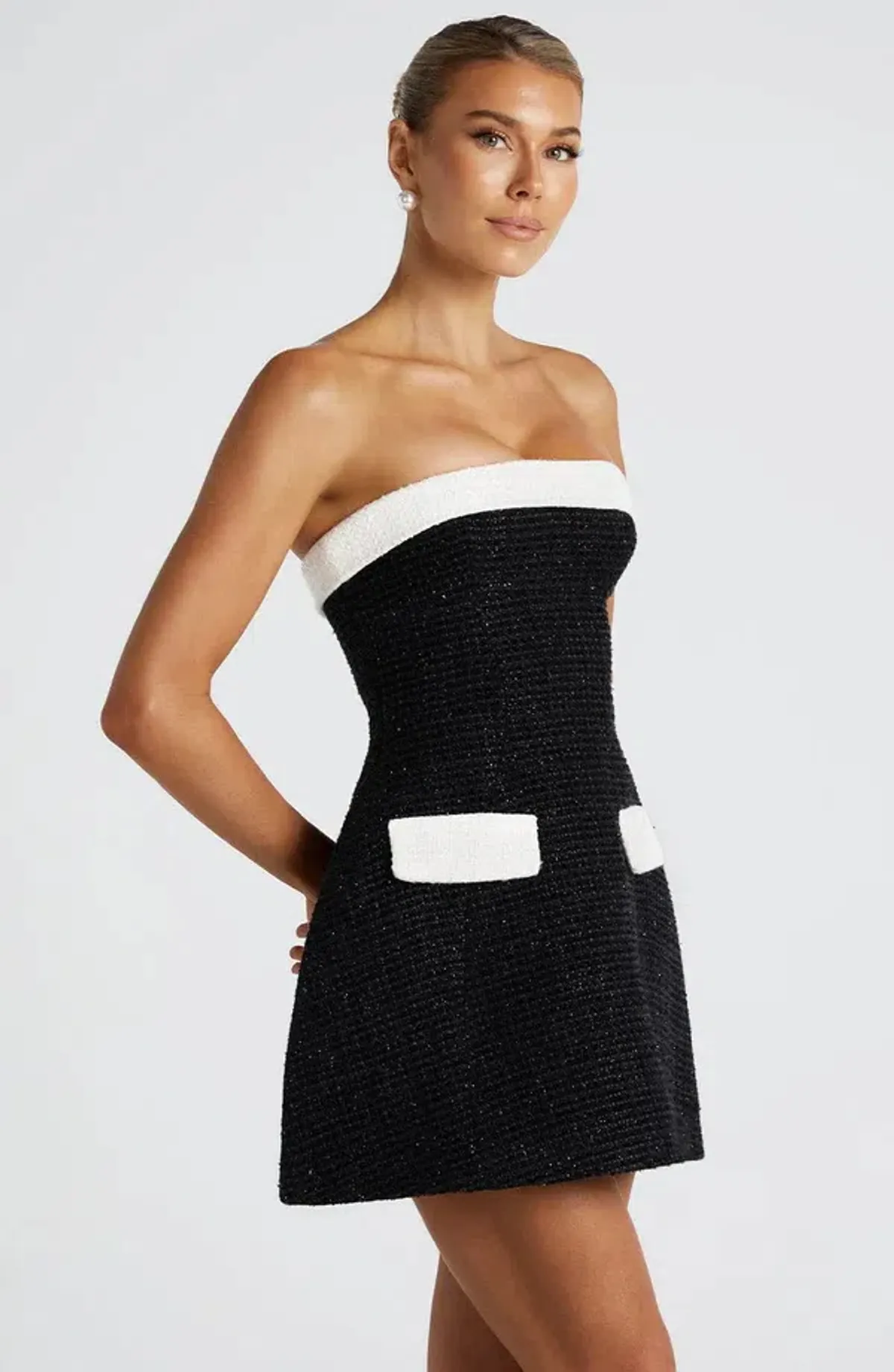 Babyboo Sabine Mini Dress Black/White Tweed Strapless Size 8 / S — Cocktail, Races, Wedding Guest - Image 2