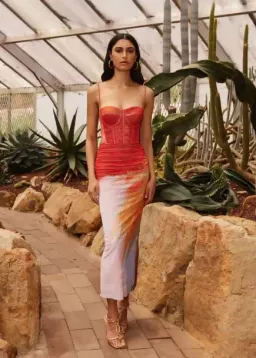 New REBECCA VALLANCE Frida Corset Midi Dress - Size 6 AU - Sunset Orange for rent on The Volte - image 1