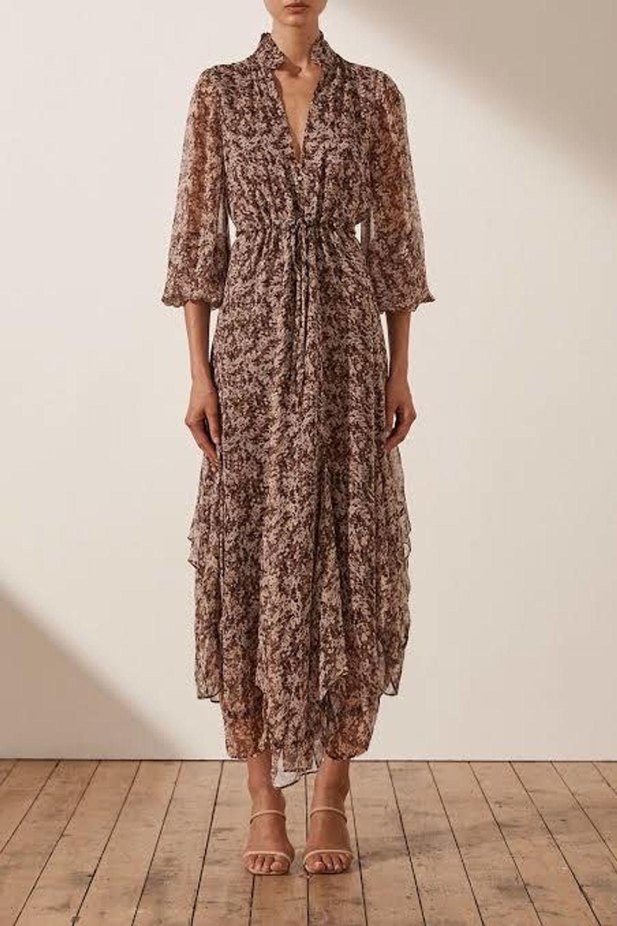 Shona Joy Blossom Plunged Godet Midi Dress Brown Size 6 - Image 2