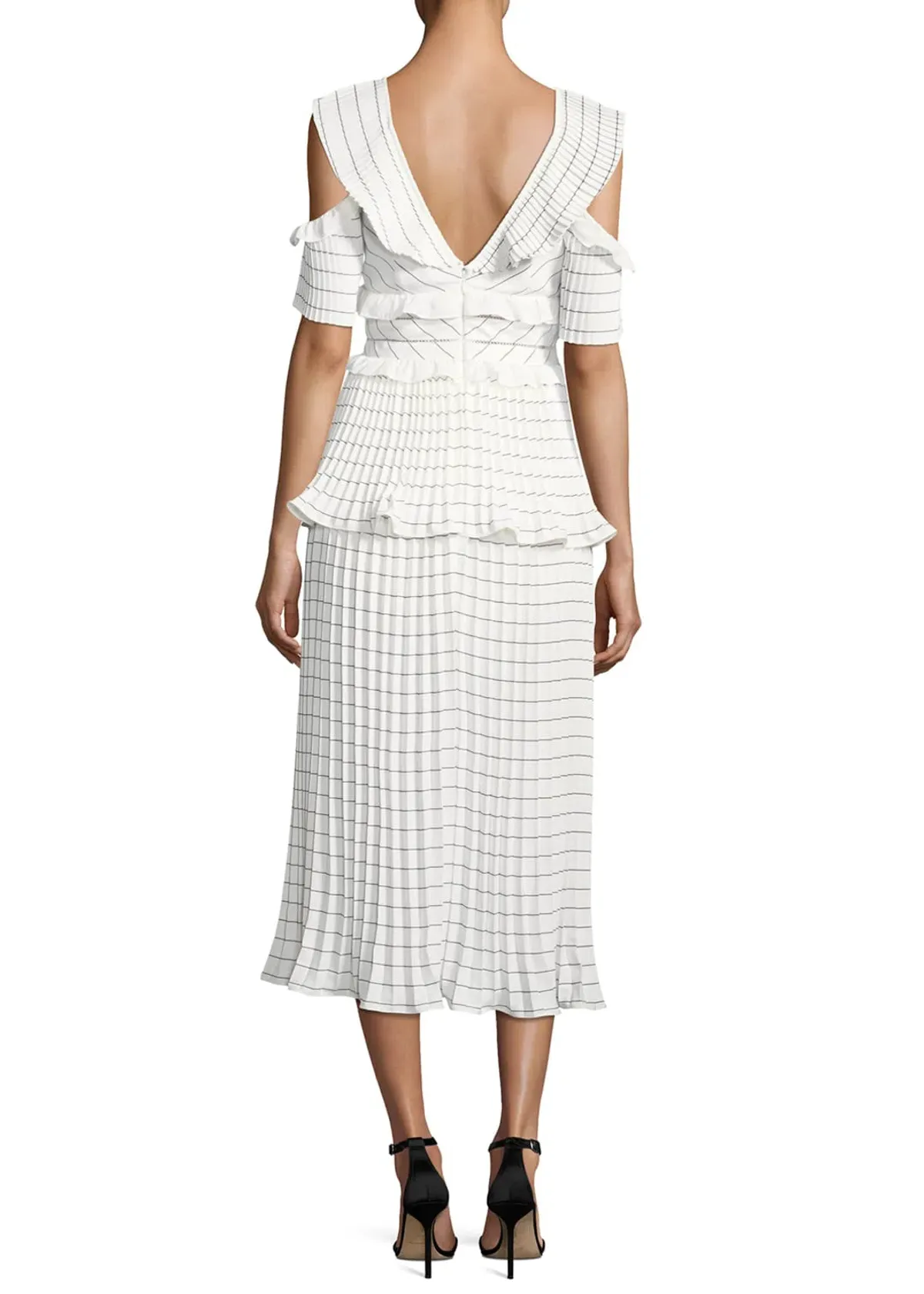 Self Portrait Monochrome Striped Pleated Midi Cocktail Dress White/Striped Size 10 - Image 2