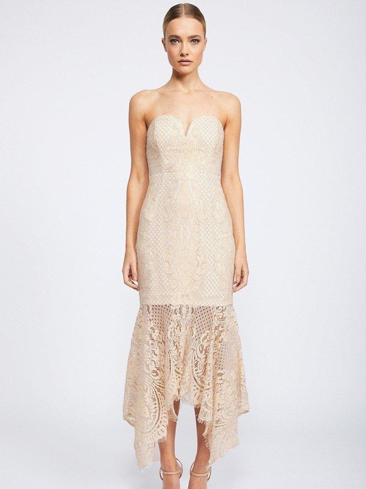 Shona Joy Lace Bustier Handkerchief Midi Dress Nude size 8  - Image 1