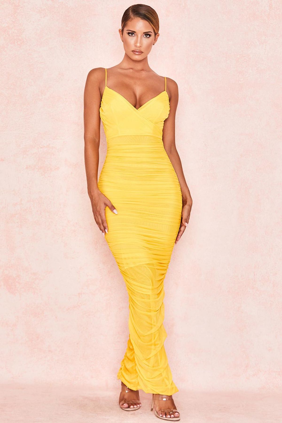 House of CB 'Belle Nuit' Ruched Mesh Maxi Dress Yellow Size 8 - Image 1