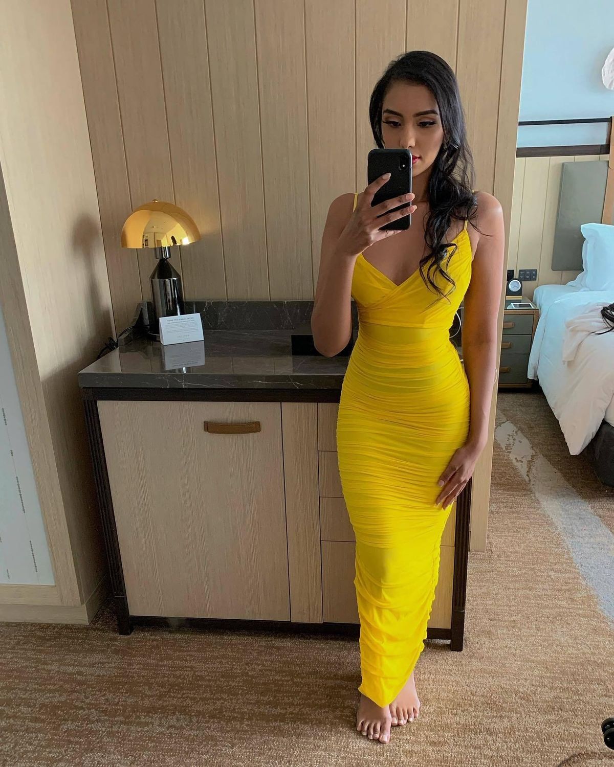 House of CB 'Belle Nuit' Ruched Mesh Maxi Dress Yellow Size 8 - Image 2